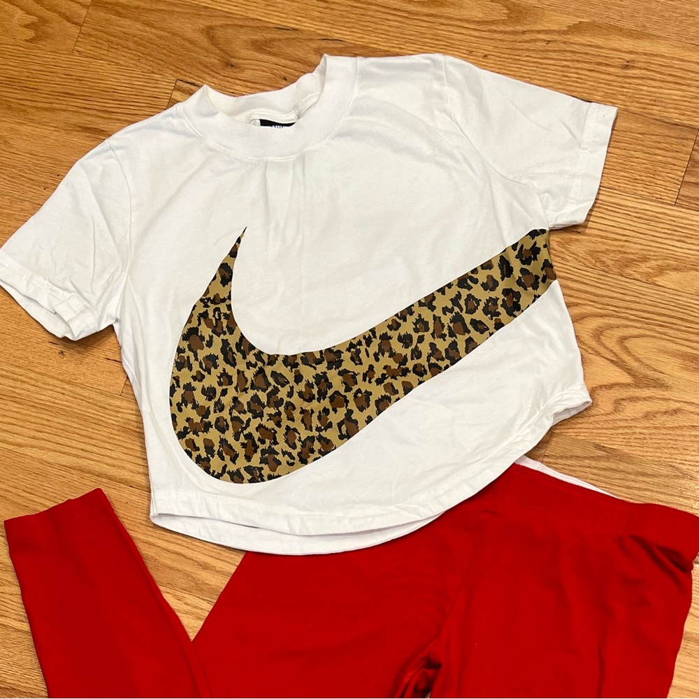 White Nike Crop Top Loose Fitting With Cheetah Animal Print Check